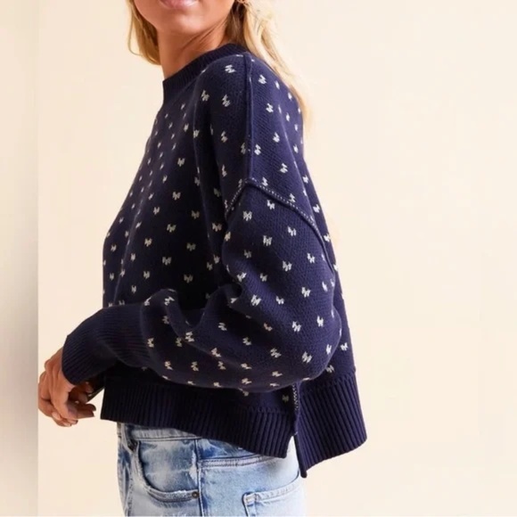 Free People Easy Street Cropped Sweater in Blue Combo Size Medium - Picture 2 of 8